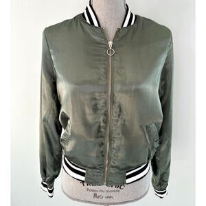 New Look Olive Green Satin Bomber with Striped Ribbed Trim Jacket size Small